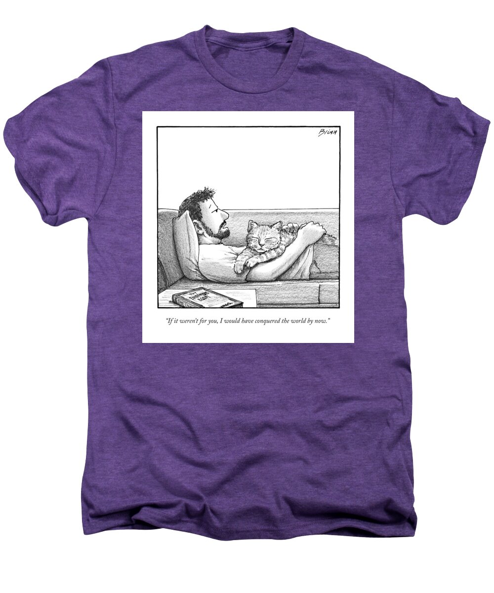 Cat Men's Premium T-Shirt featuring the drawing A Man Talking To The Cat Lying On His Stomach by Harry Bliss