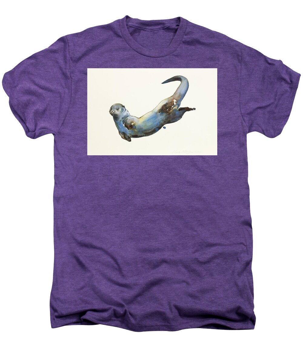 Otter; Otters; Animal; Animals; Water; Aqua; Lutra; Watercolour; Movement; Colour; Predator; Swim;swimming;intensity;action; Color; Watercolor; Water Color; Watercolor Painting; Paper; Blend; Blending; Blue; Brown; White; Hunt; Hunting; Hunter; Mark; Mark Adlington; Adlington Men's Premium T-Shirt featuring the painting Aqua by Mark Adlington