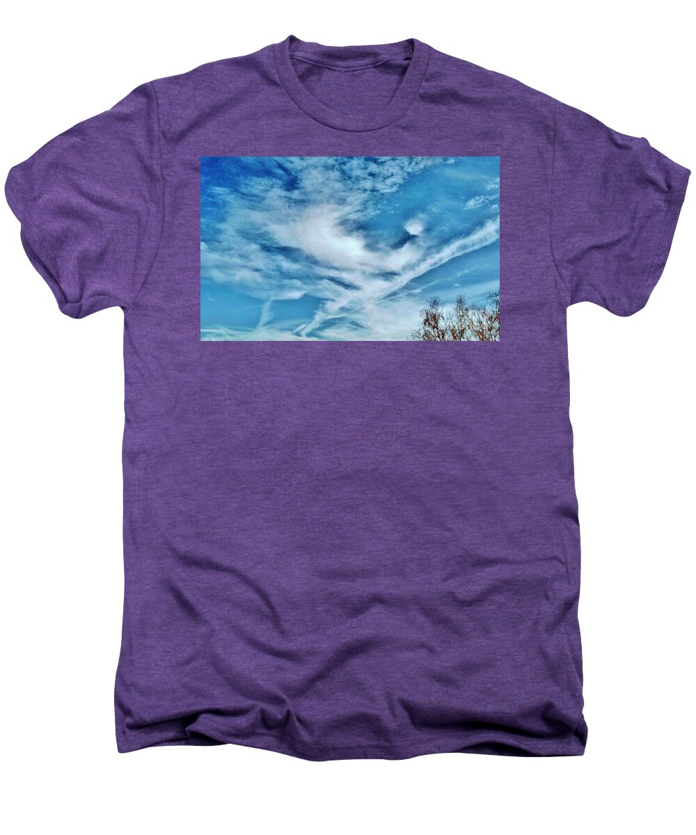 Esert Cloudy Sky Men's Premium T-Shirt featuring the photograph BirD CLouD SoaRinG By by Angela J Wright
