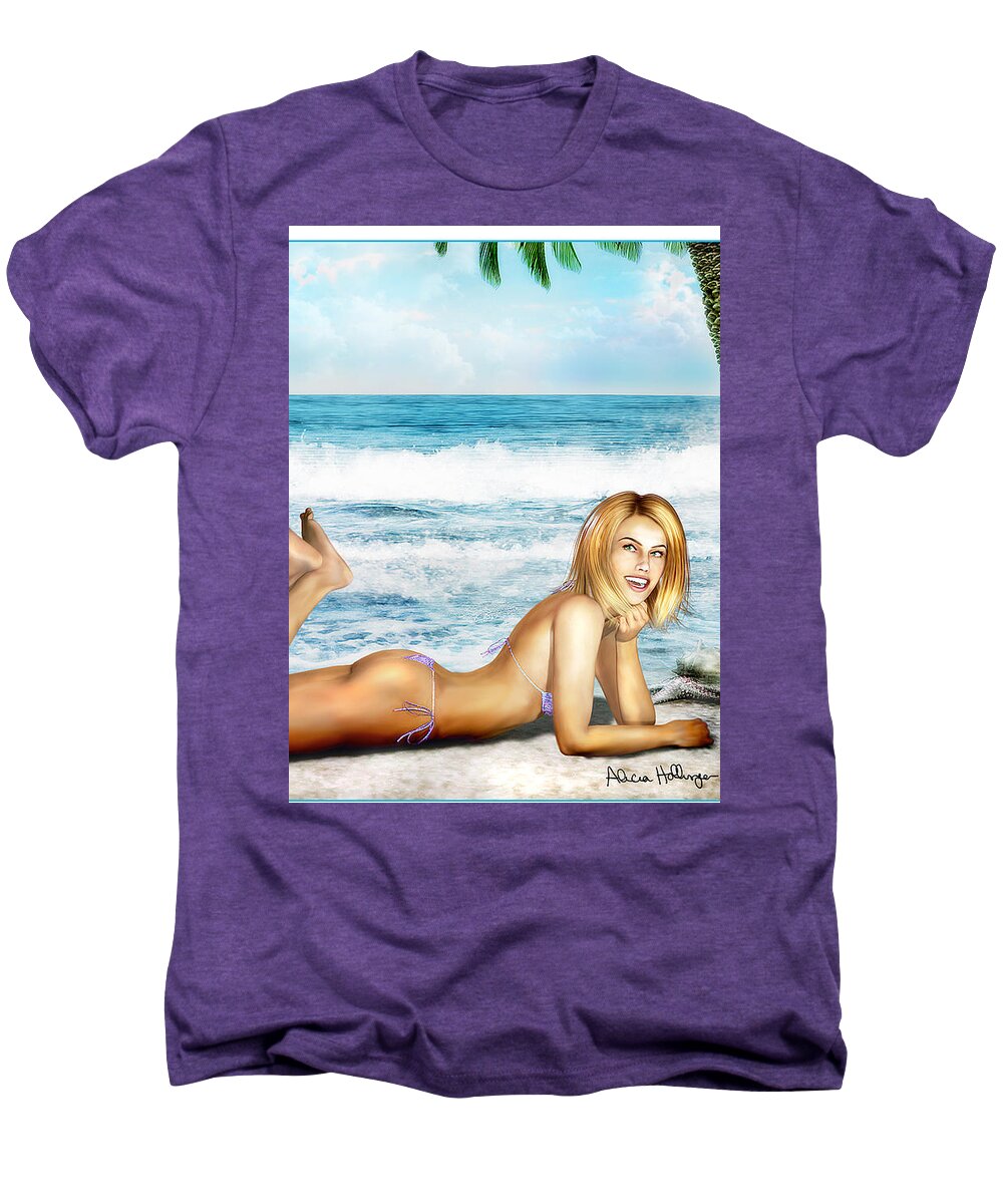 Pin-up Men's Premium T-Shirt featuring the mixed media Blonde on Beach by Alicia Hollinger