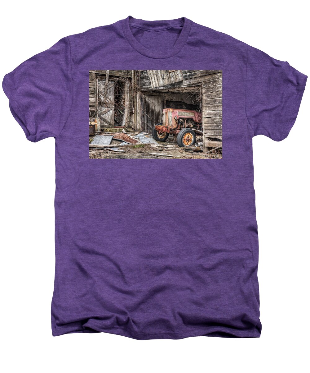 Tractor Men's Premium T-Shirt featuring the photograph Comfortable chaos - Old tractor at Rest - Agricultural Machinary - Old Barn by Gary Heller