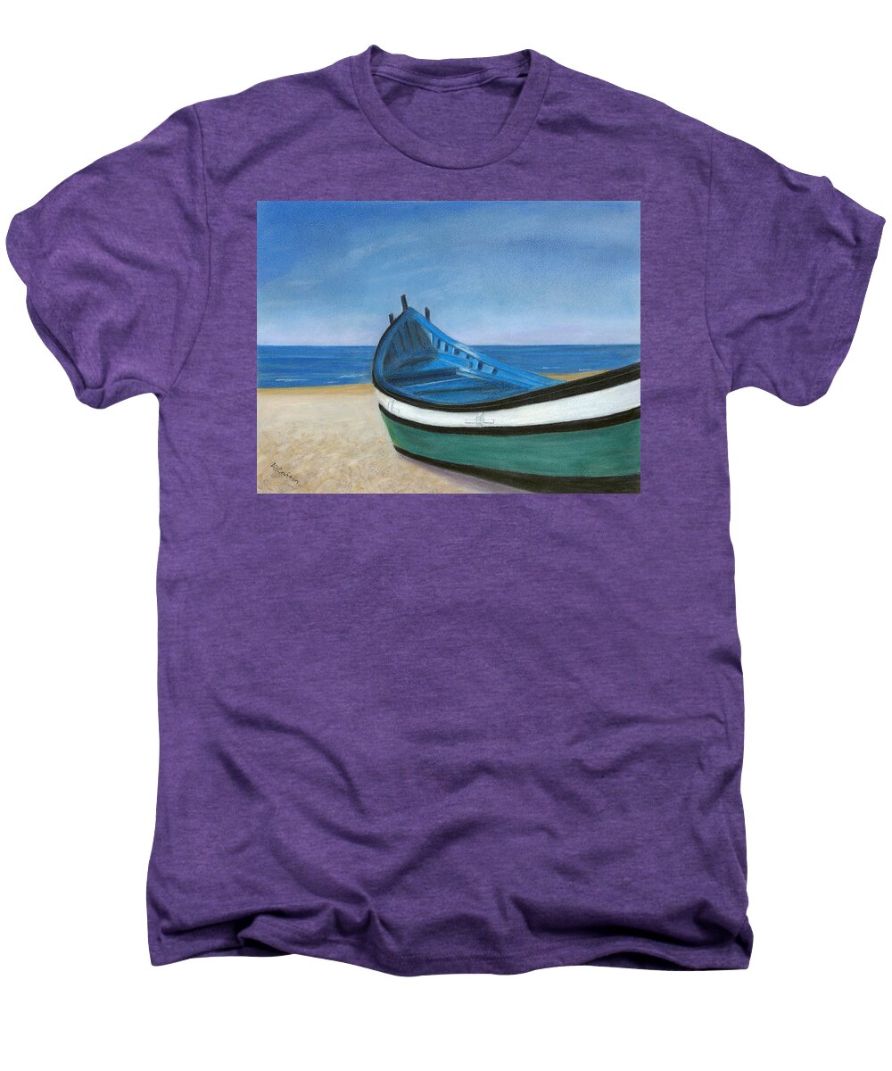 Boat Men's Premium T-Shirt featuring the painting Green Boat Blue Skies by Arlene Crafton