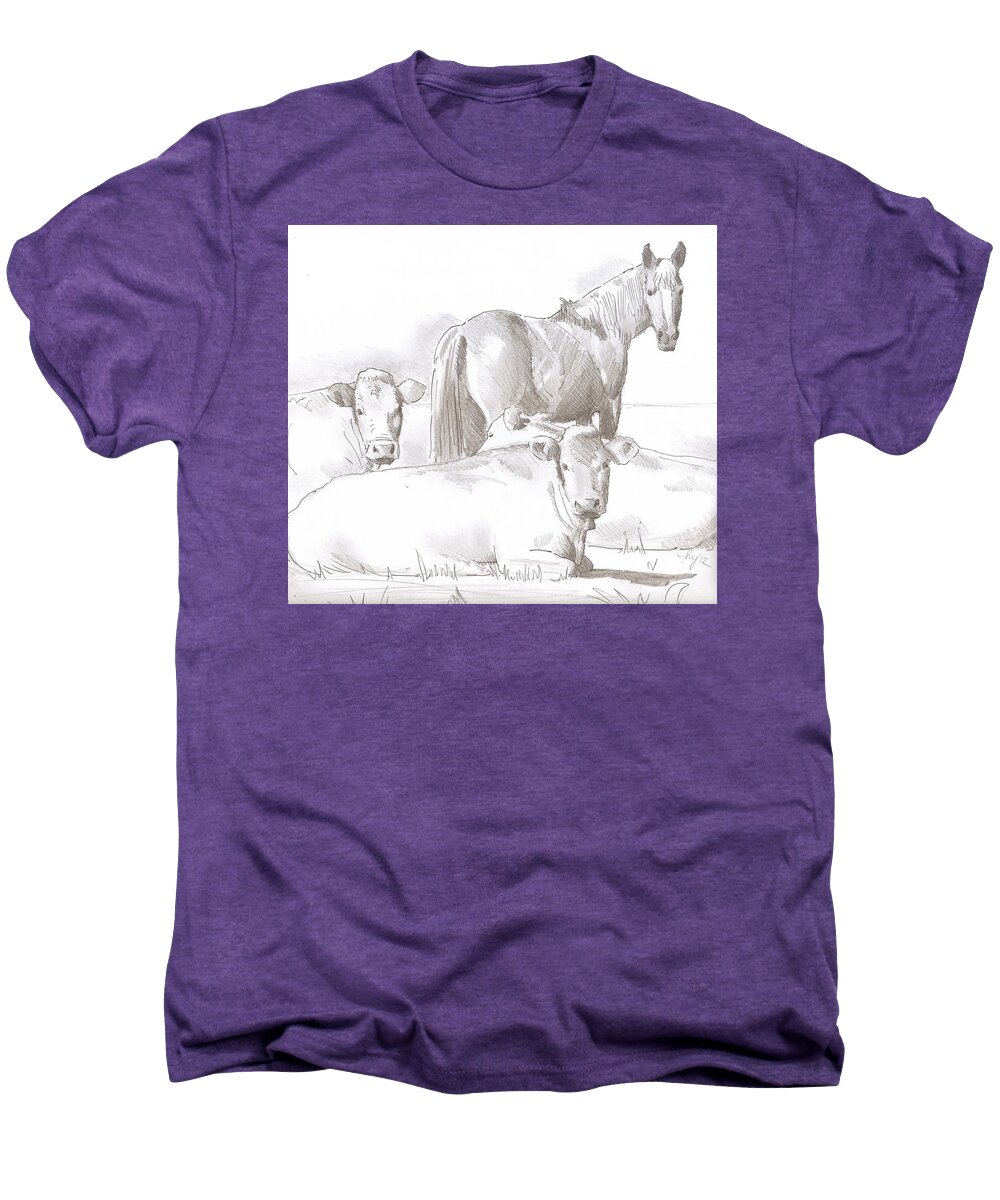 Horse Men's Premium T-Shirt featuring the drawing Horse and Cows sketch by Mike Jory