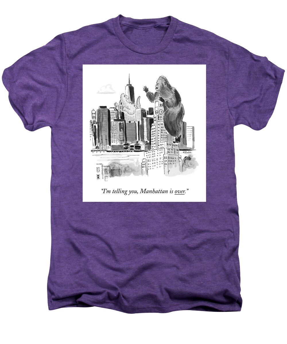 Godzilla Men's Premium T-Shirt featuring the drawing King Kong, Atop The Williamsburgh Savings Bank by Emily Flake