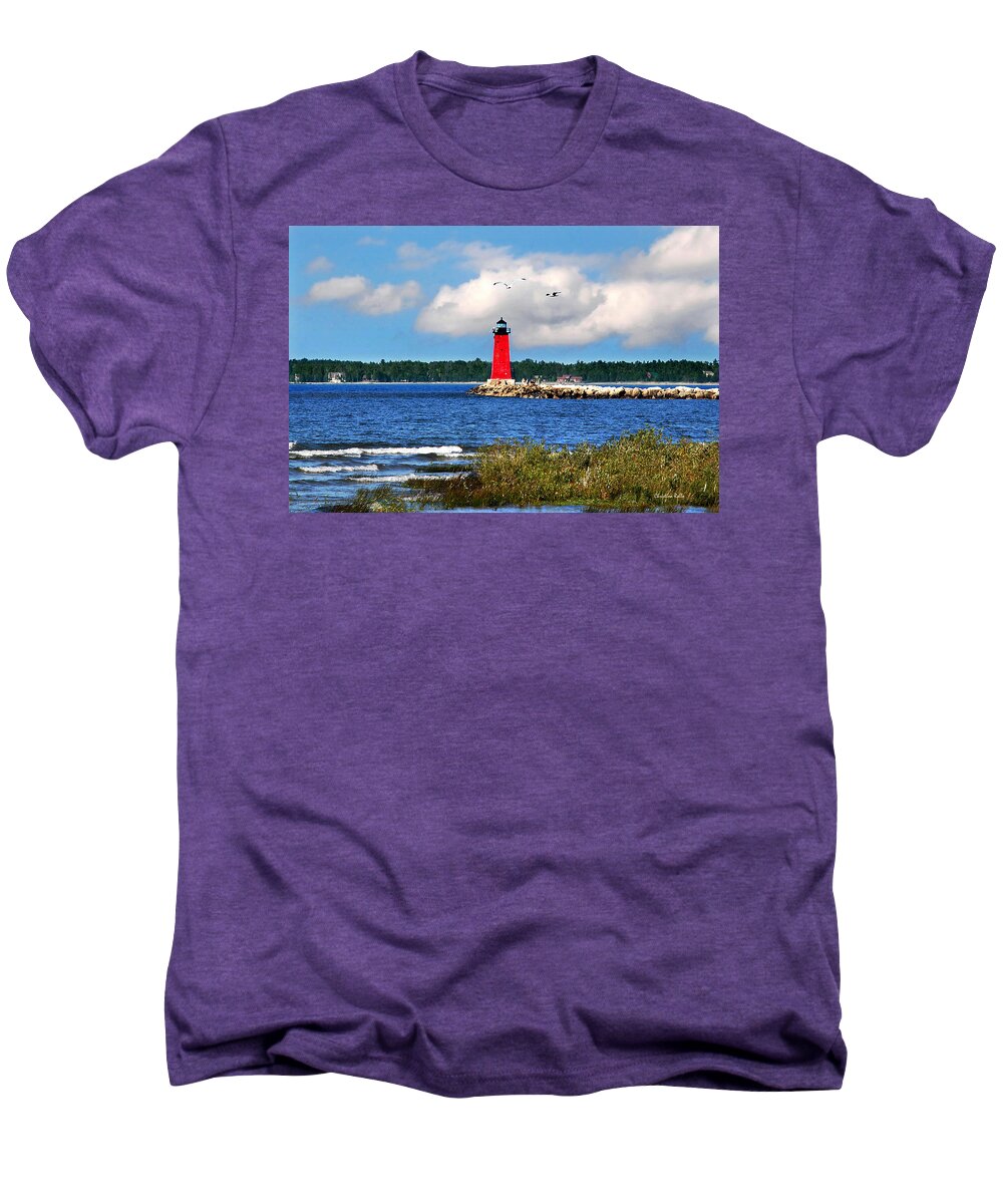 Lighthouse Men's Premium T-Shirt featuring the photograph Manistique Lighthouse by Christina Rollo