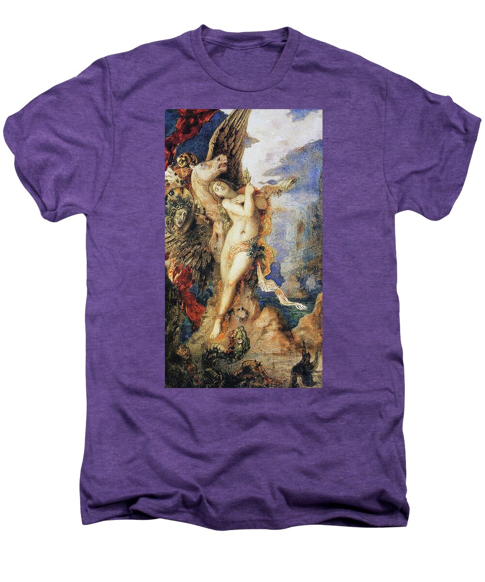 Mythological; Mythology; Greek Myth; Female; Nude; Sacrifice; Chained; Tied; Rock; Sea Monster; Beast; Dragon; Serpent; Rescue; Rescuing; Saving; Male; Pegasus; Horse; Wings; Winged; Shield; Head; Gorgon; Medusa; Rocks; Rocky; Hero; Lovers Men's Premium T-Shirt featuring the painting Perseus and Andromeda by Gustave Moreau