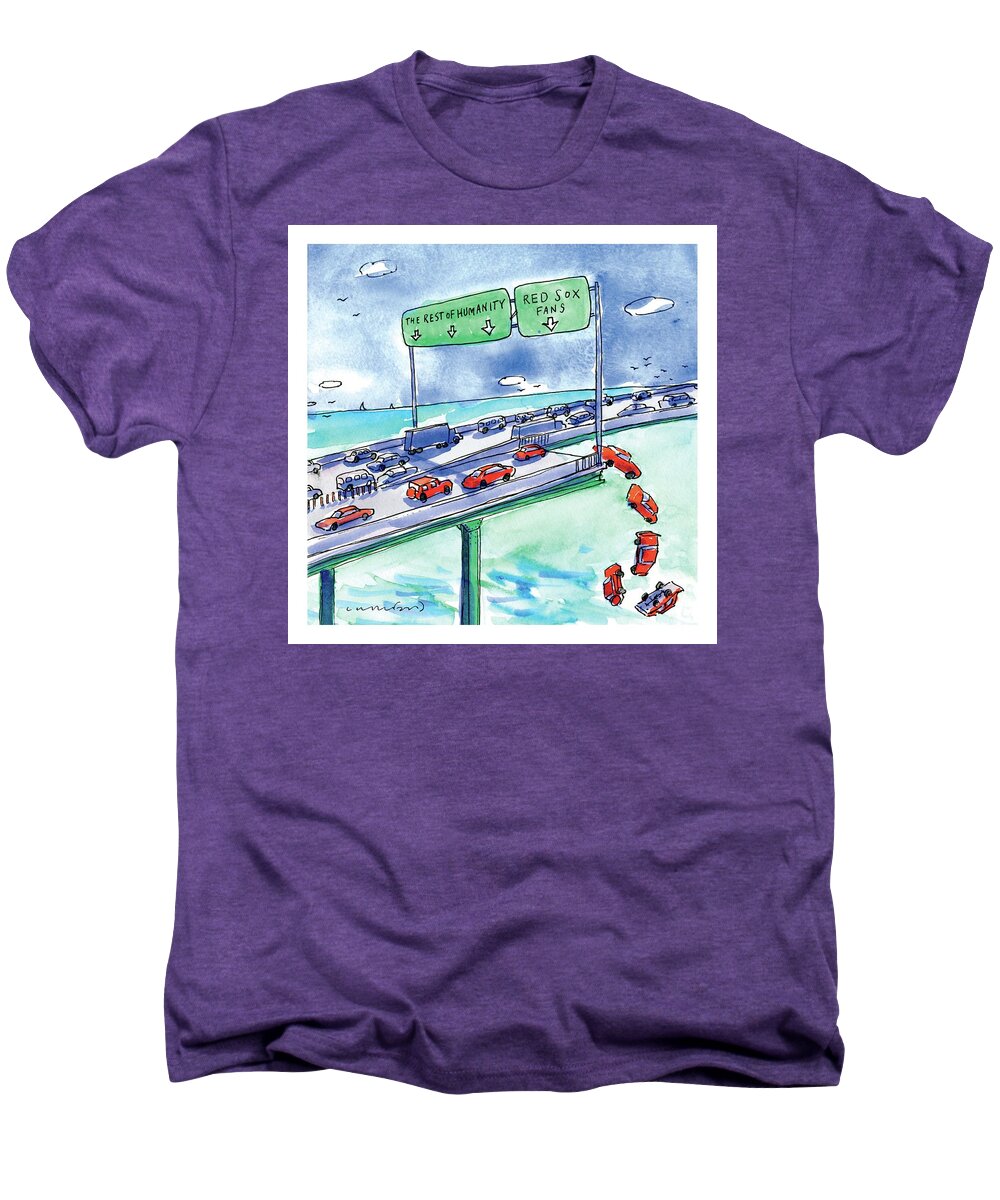 Red Sox Men's Premium T-Shirt featuring the drawing Red Cars Drop Off A Bridge Under A Sign That Says by Michael Crawford