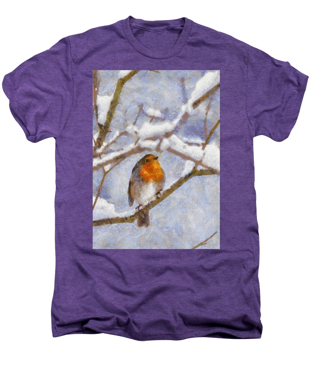 Nature Men's Premium T-Shirt featuring the digital art Snowy Robin by Charmaine Zoe