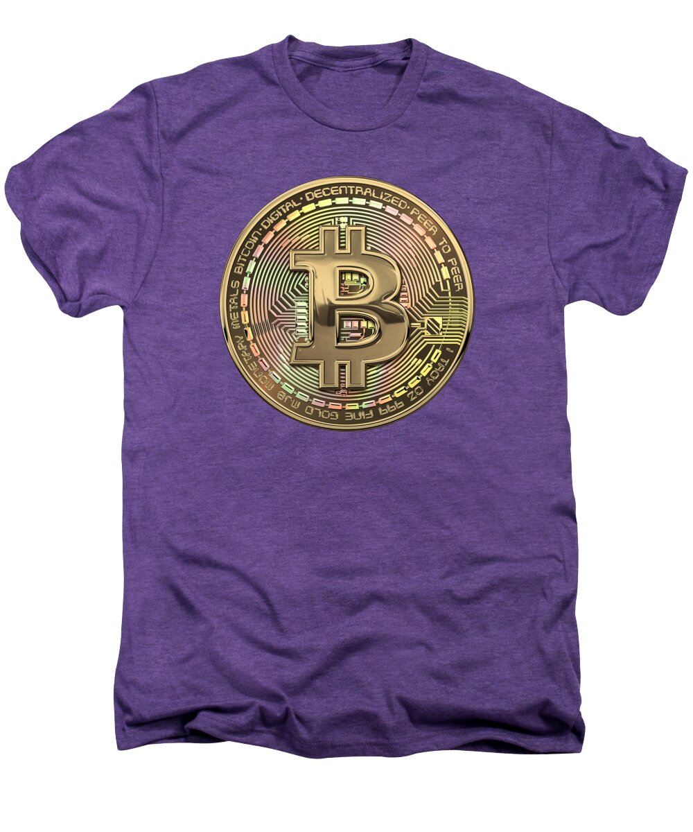 ‘money’ Collection By Serge Averbukh Men's Premium T-Shirt featuring the photograph Gold Bitcoin Effigy over White Leather #2 by Serge Averbukh