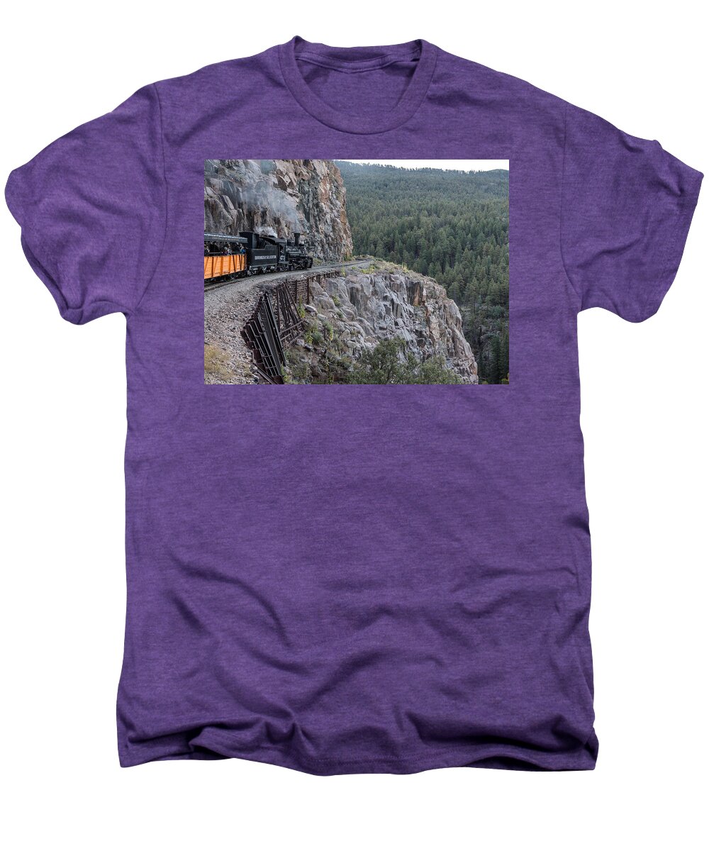 Carol M. Highsmith Men's Premium T-Shirt featuring the photograph A Durango and Silverton Narrow Gauge Scenic Railroad train along a San Juan Mountains precipice by Carol M Highsmith