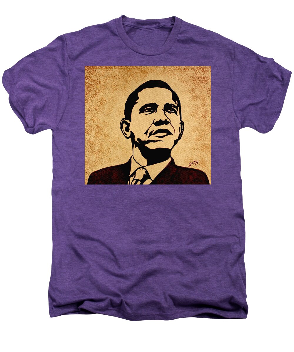 Barack Obama Coffee Painting Pop Art Men's Premium T-Shirt featuring the painting Barack Obama original coffee painting by Georgeta Blanaru