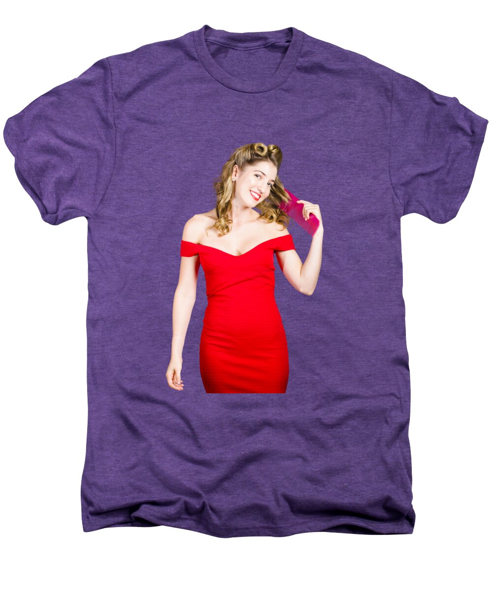 Isolated Men's Premium T-Shirt featuring the photograph Beautiful woman with long curly hair and brush by Jorgo Photography