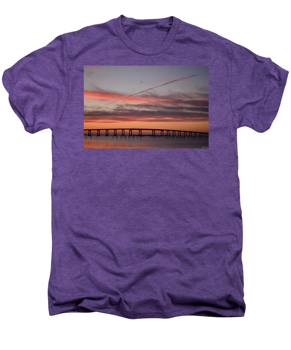 Navarre Men's Premium T-Shirt featuring the photograph Colorful Sunrise over Navarre Beach Bridge by Jeff at JSJ Photography
