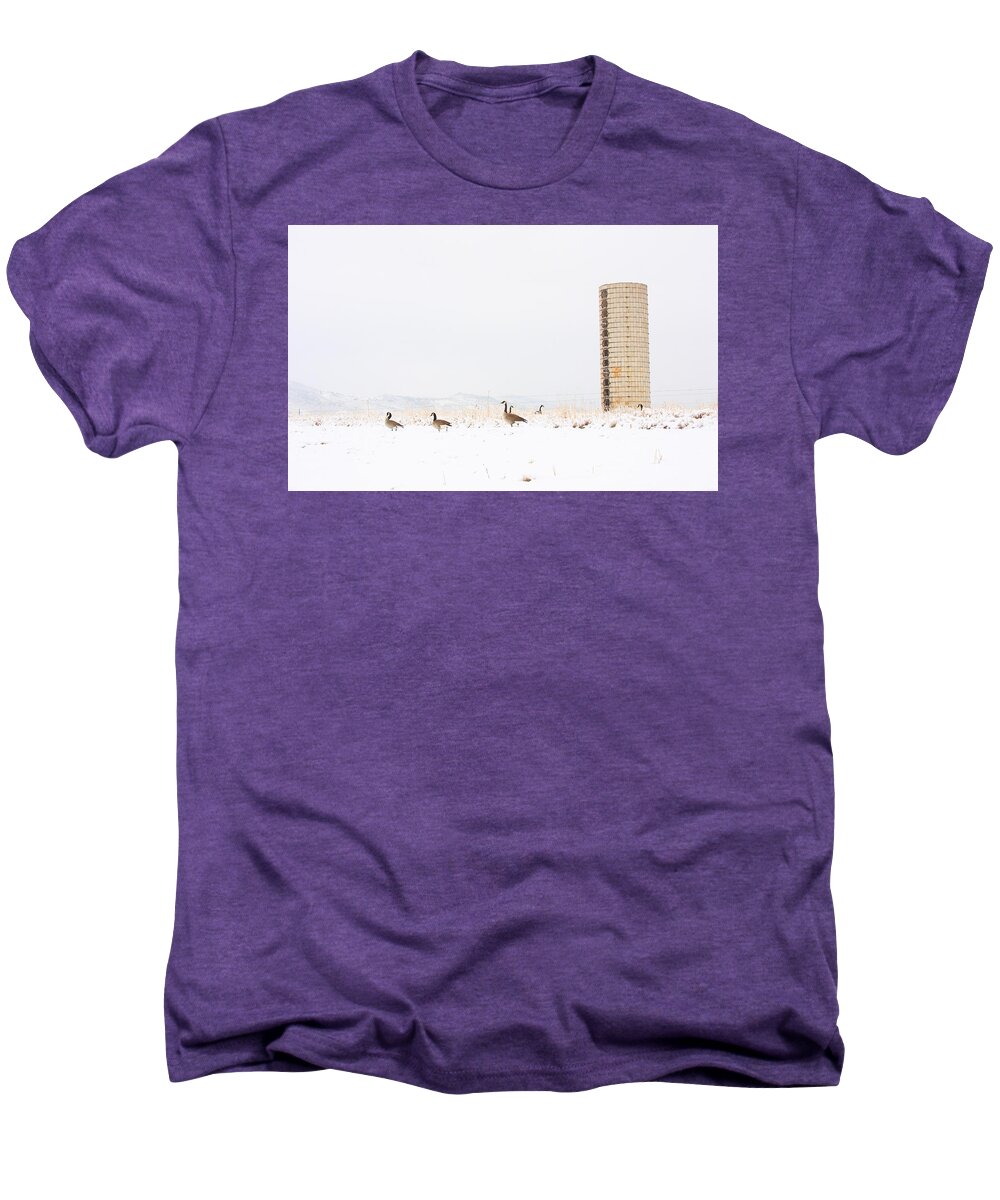 Silo Men's Premium T-Shirt featuring the photograph Geese in the snow with silo by James BO Insogna
