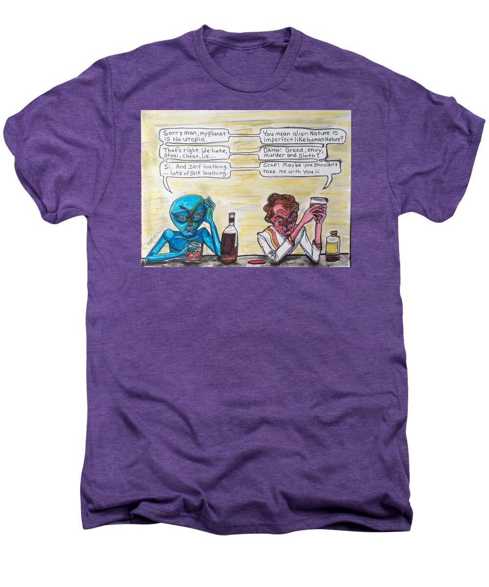 Reality Check Men's Premium T-Shirt featuring the drawing Intergalactic reality check by Similar Alien