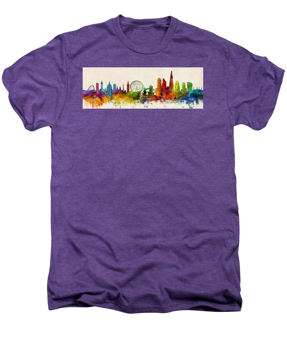 Watercolor Art Print Of The Skyline Of The City Of London Men's Premium T-Shirt featuring the digital art London England Skyline Panoramic by Michael Tompsett