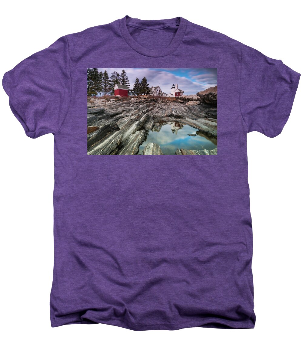Maine Men's Premium T-Shirt featuring the photograph Maine Pemaquid Lighthouse Reflection by Ranjay Mitra
