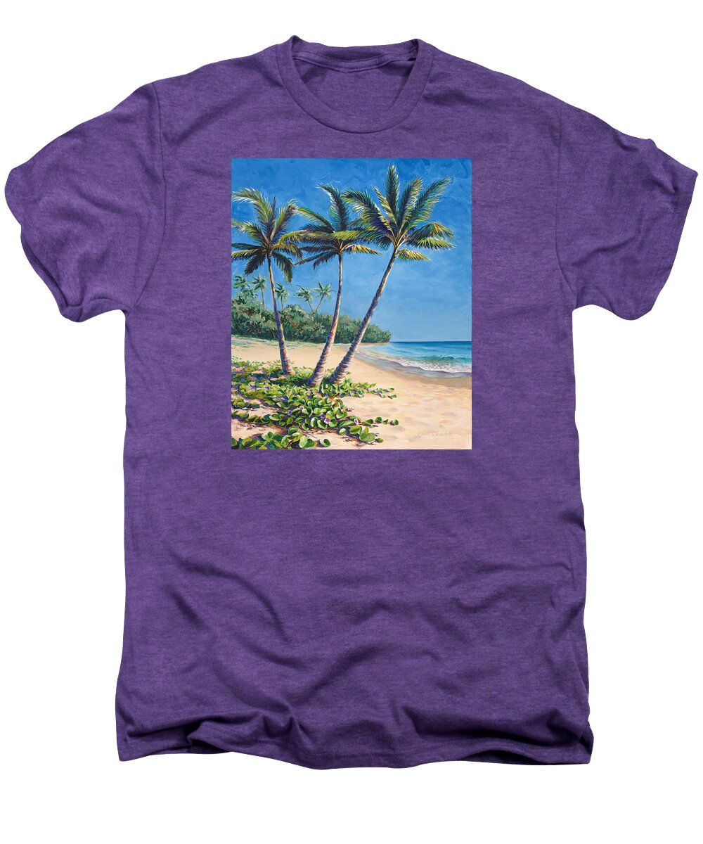 Hawaiian Palm Tree Landscape Men's Premium T-Shirt featuring the painting Tropical Paradise Landscape - Hawaii Beach and Palms Painting by K Whitworth