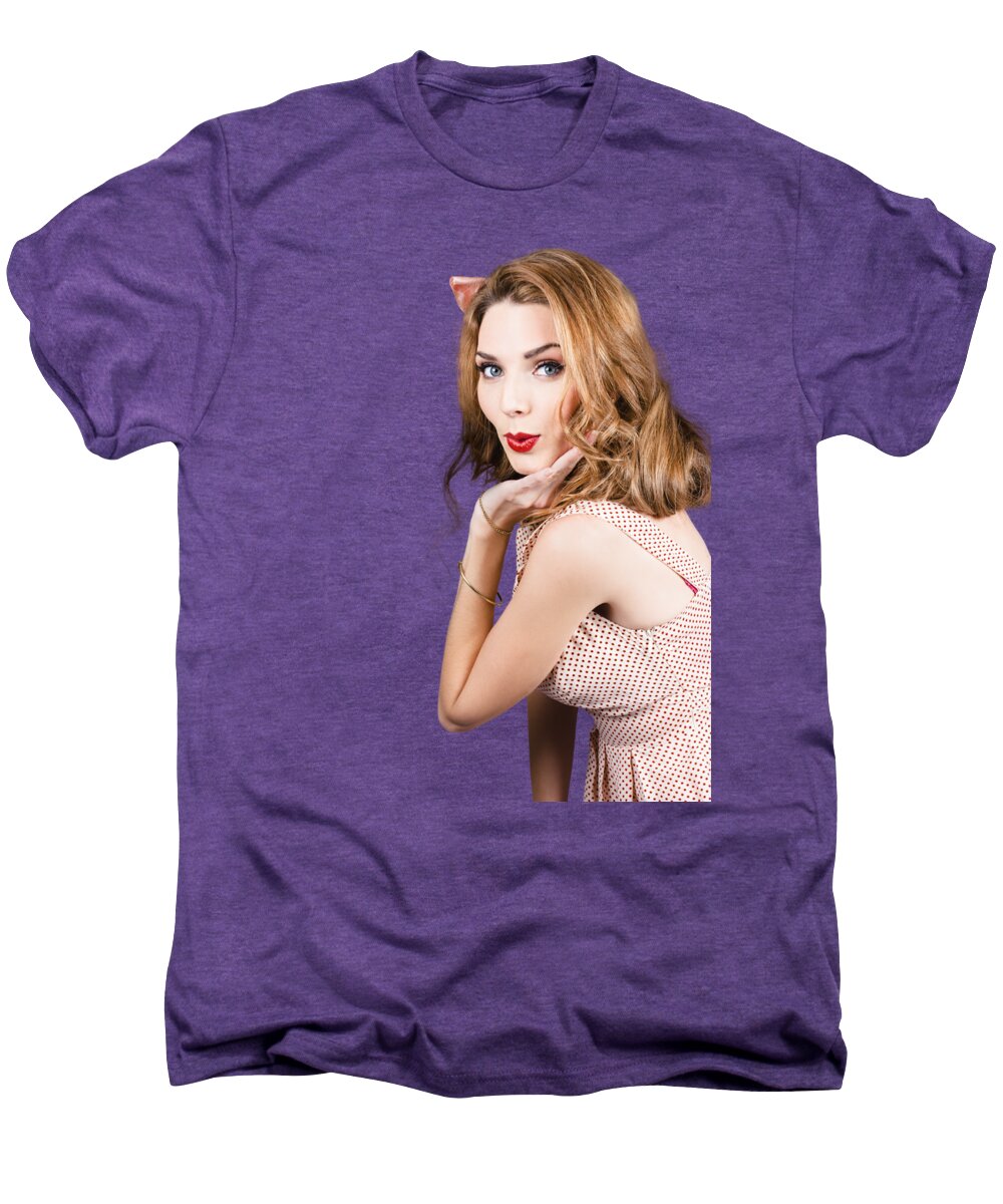 Pinup Men's Premium T-Shirt featuring the photograph Quirky portrait of a posing 50s girl in pinup style by Jorgo Photography