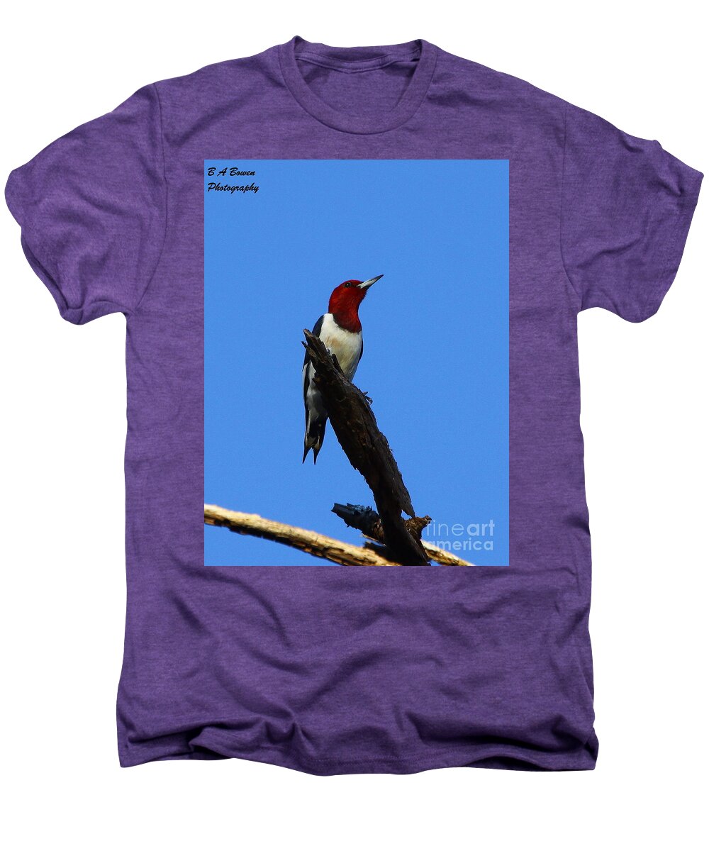 Red Headed Woodpecker Men's Premium T-Shirt featuring the photograph Red Headed Woodpecker on a Snag by Barbara Bowen