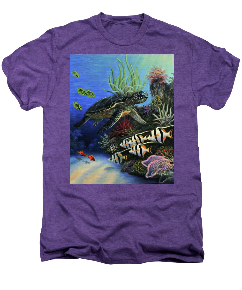 Tropical Fish Men's Premium T-Shirt featuring the painting Sea turtle by Charles Kim