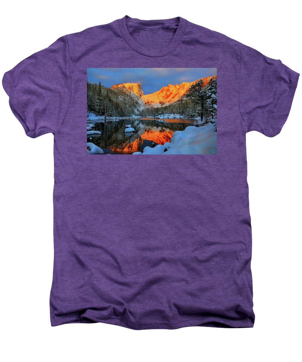 Dream Lake Men's Premium T-Shirt featuring the photograph Snowy Dawn at Dream Lake by Greg Norrell