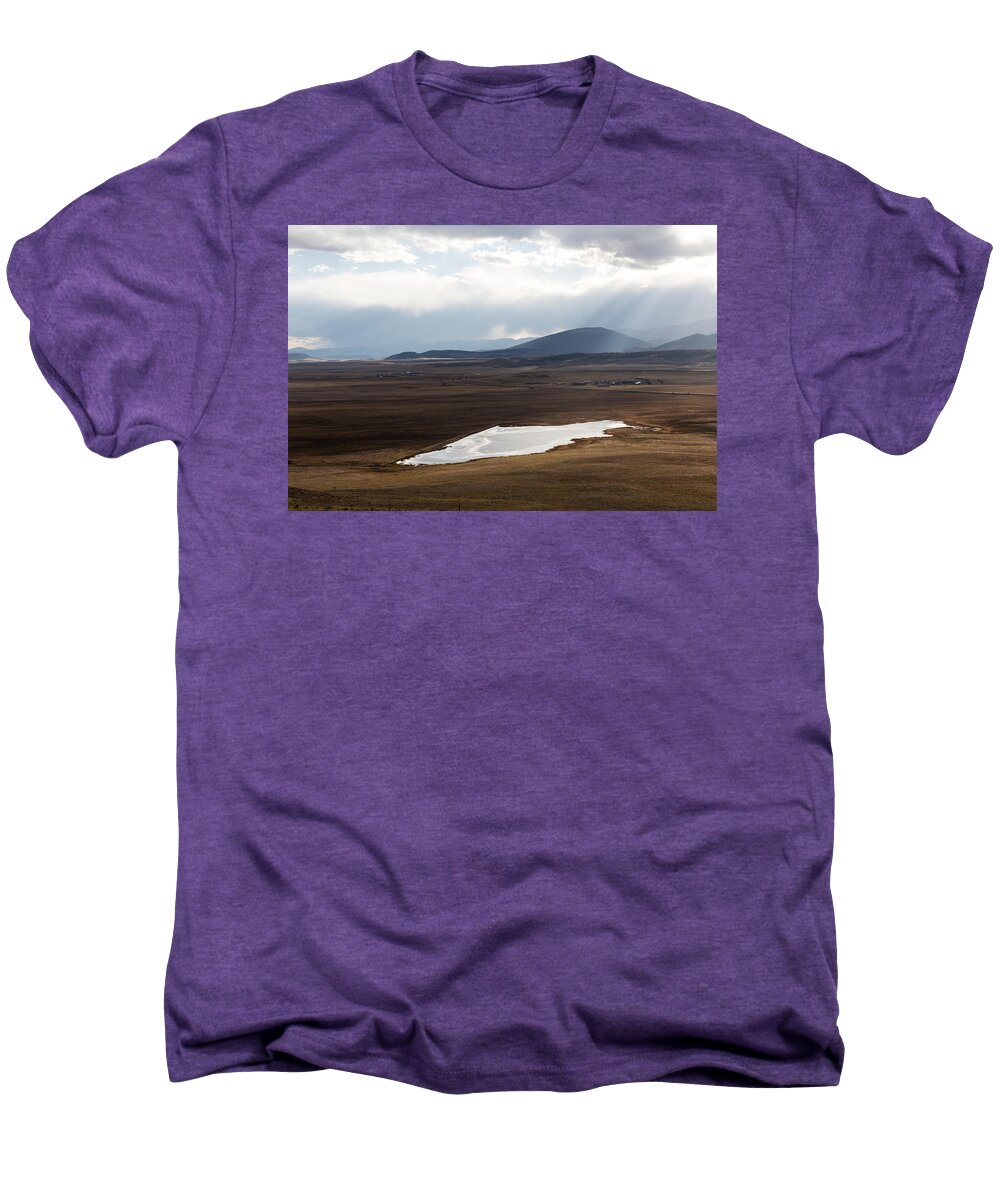 Carol M. Highsmith Men's Premium T-Shirt featuring the photograph Sweeping plain and a small lake between mountain foothills near Fairplay in Park County by Carol M Highsmith
