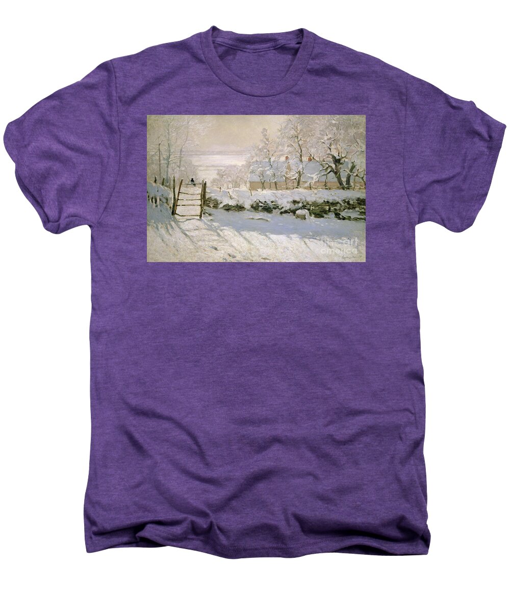 The Men's Premium T-Shirt featuring the painting The Magpie by Claude Monet