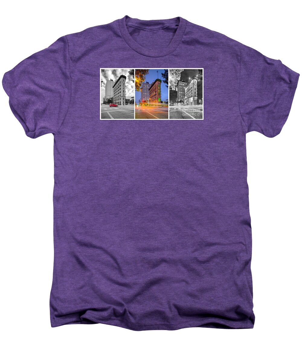 Downtown Men's Premium T-Shirt featuring the photograph Triptych of the Flatiron Building in Downtown Fort Worth - Texas by Silvio Ligutti