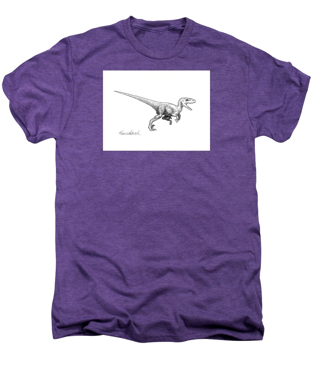 Velociraptor Illustration Men's Premium T-Shirt featuring the drawing Velociraptor - Jurassic Dinosaur Science Illustration Black and White Contemporary Art Ink Drawing by K Whitworth