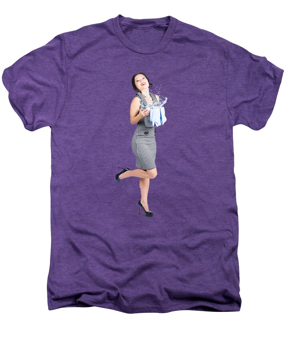Cleaning Lady Men's Premium T-Shirt featuring the photograph Happy cleaning woman kicking up dirt and grime by Jorgo Photography