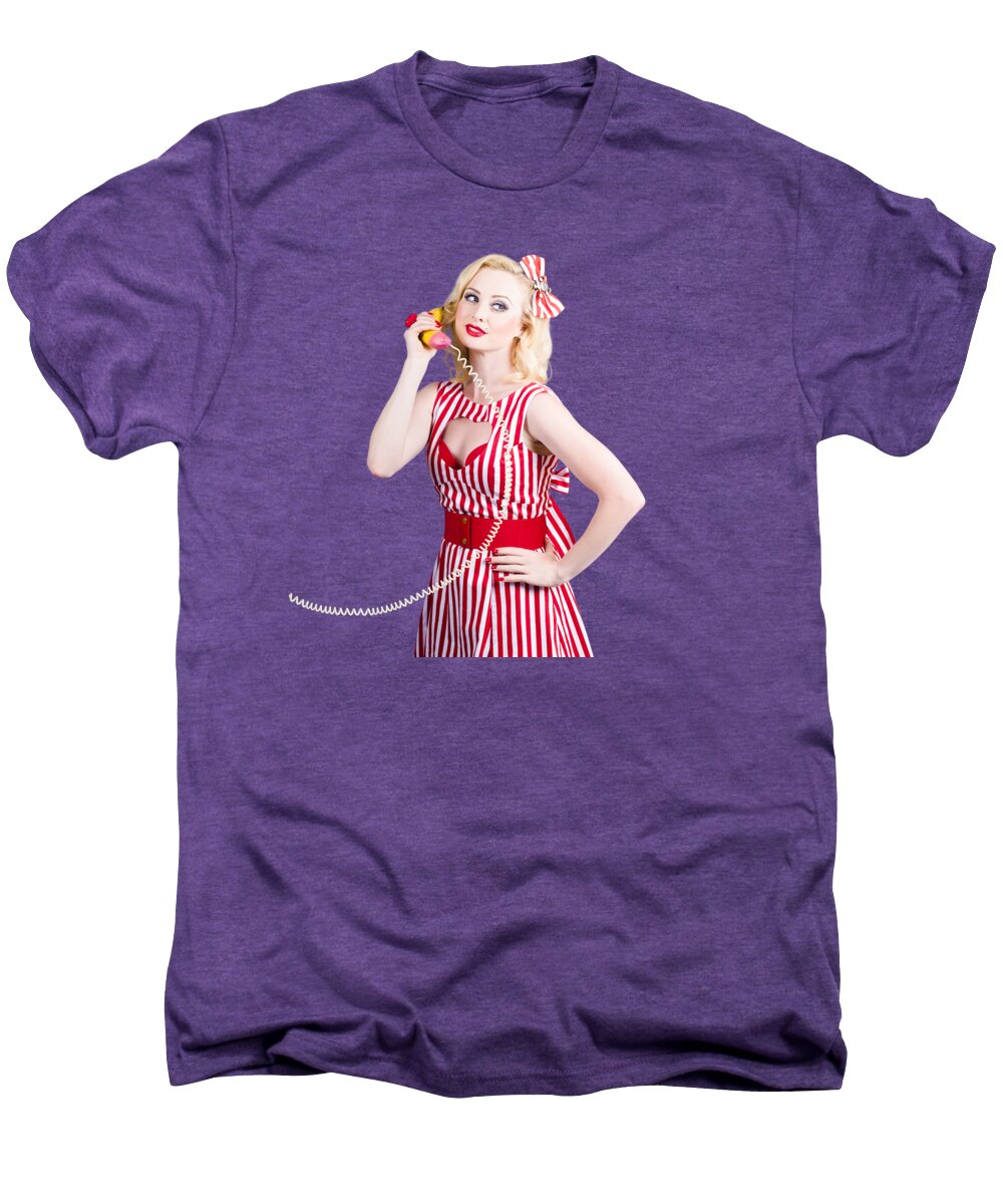 Pinup Men's Premium T-Shirt featuring the photograph Pin up woman ordering organic food on banana phone by Jorgo Photography