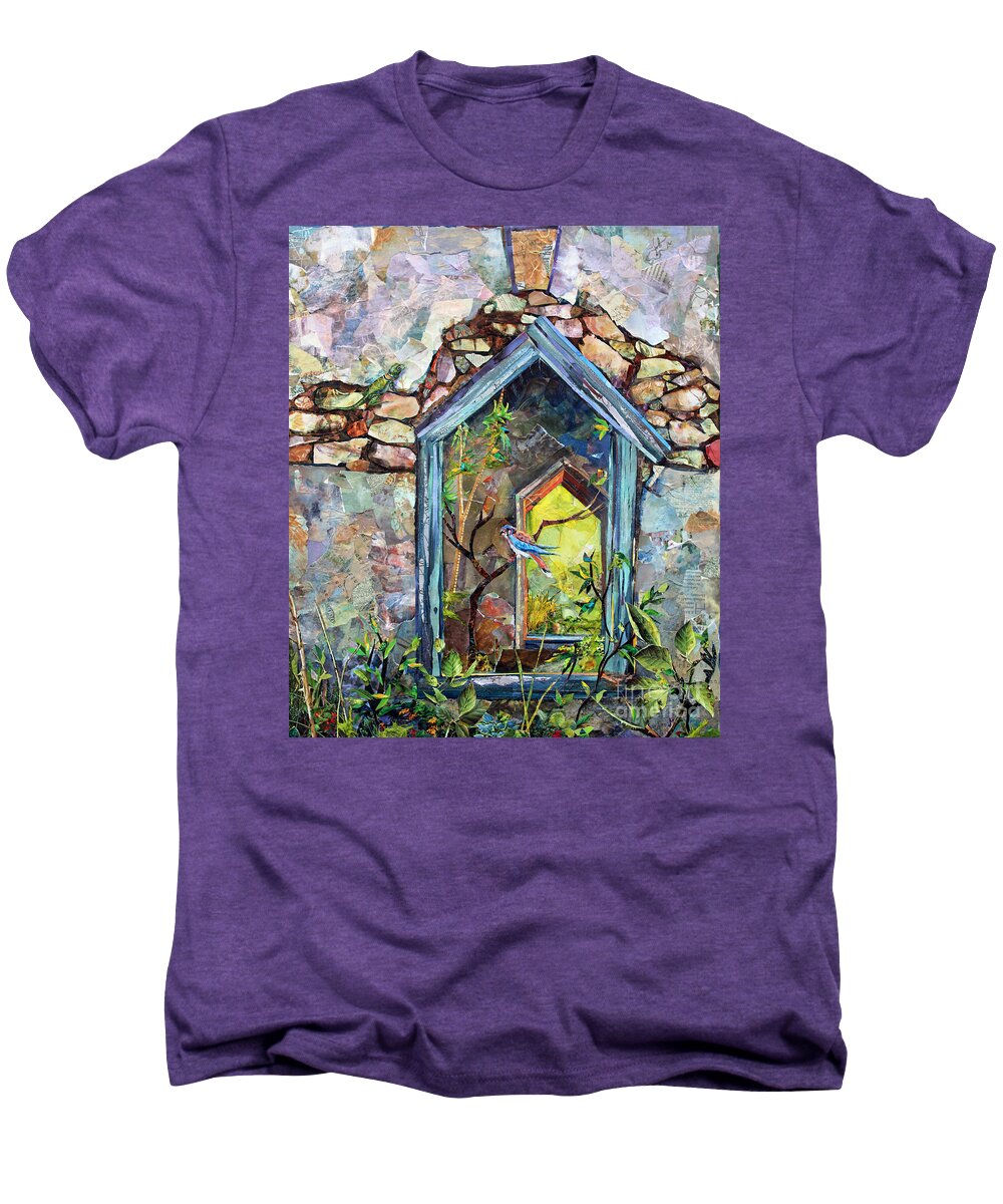 Collage Collages Analog Torn Paper Recycled Books Magazines Ruins Church Abandoned Abandoned Loyalist Anglican Churches Tabby Bahamas Men's Premium T-Shirt featuring the mixed media Belmont Ruins by Li Newton