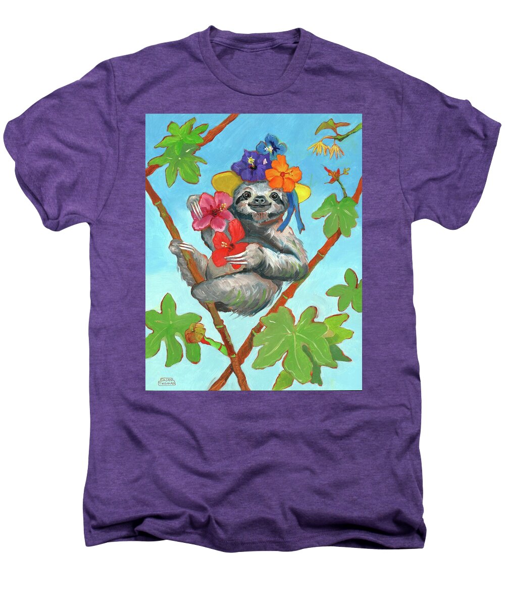 Sloths Men's Premium T-Shirt featuring the painting Hibiscus Sloth by Susan Thomas