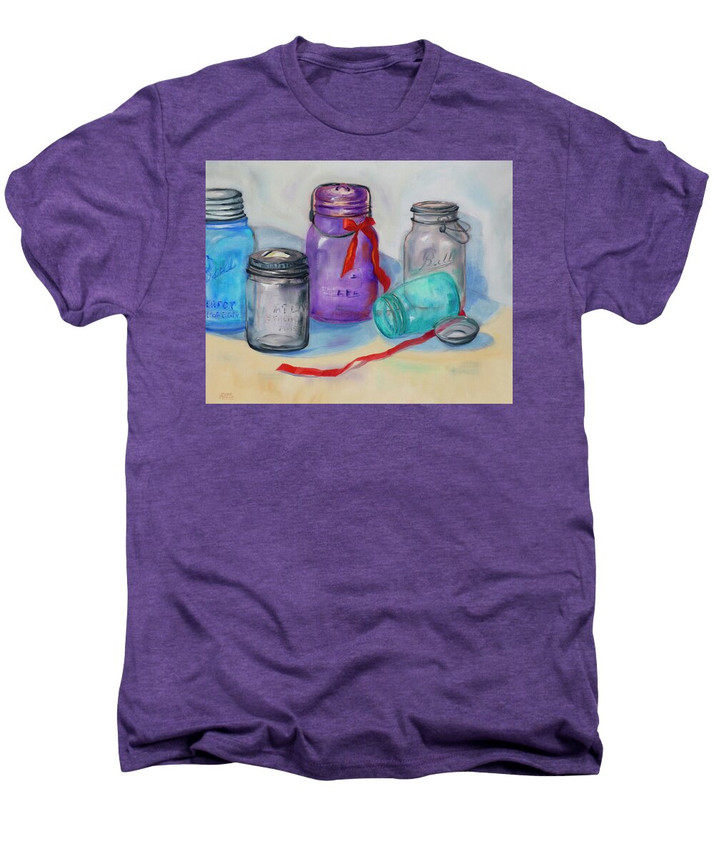 Antique Mason And Ball Glass Jars Men's Premium T-Shirt featuring the painting Ribbon Jars by Susan Thomas