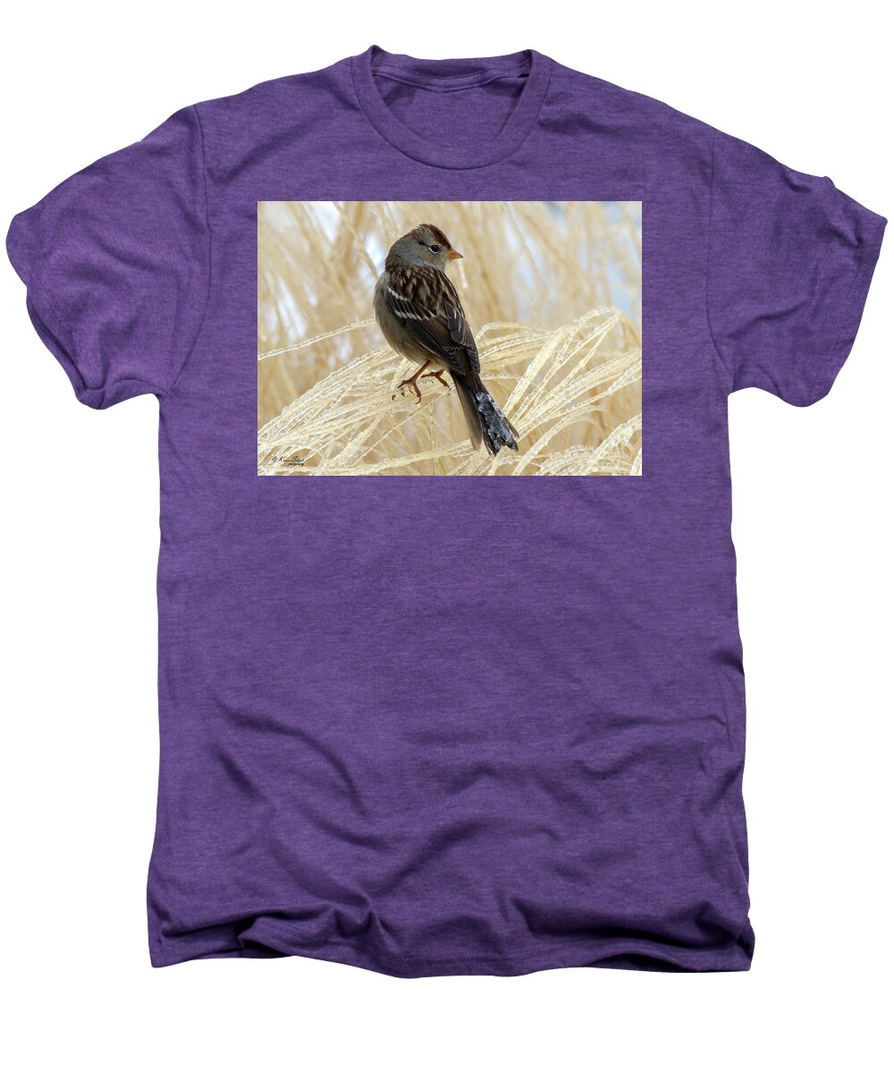 Ice Men's Premium T-Shirt featuring the photograph Sparrow on Icy Plant by Karen Slagle