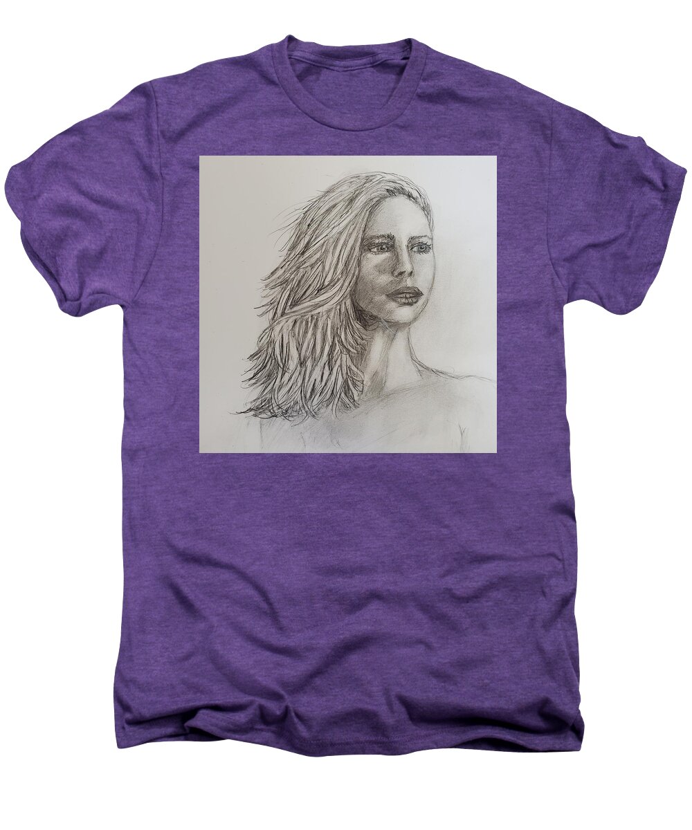 Woman Men's Premium T-Shirt featuring the drawing Woman in Thought by Barbara J Blaisdell