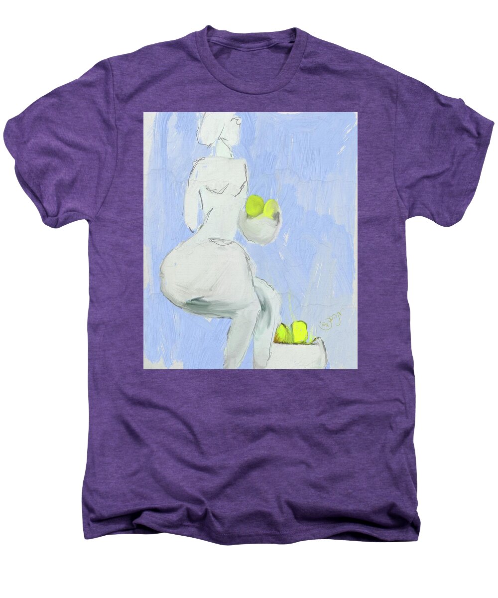 Female Portrait Men's Premium T-Shirt featuring the painting Woman seated portrait in blue and yellow with bowls of lemon fruit by Mendyz