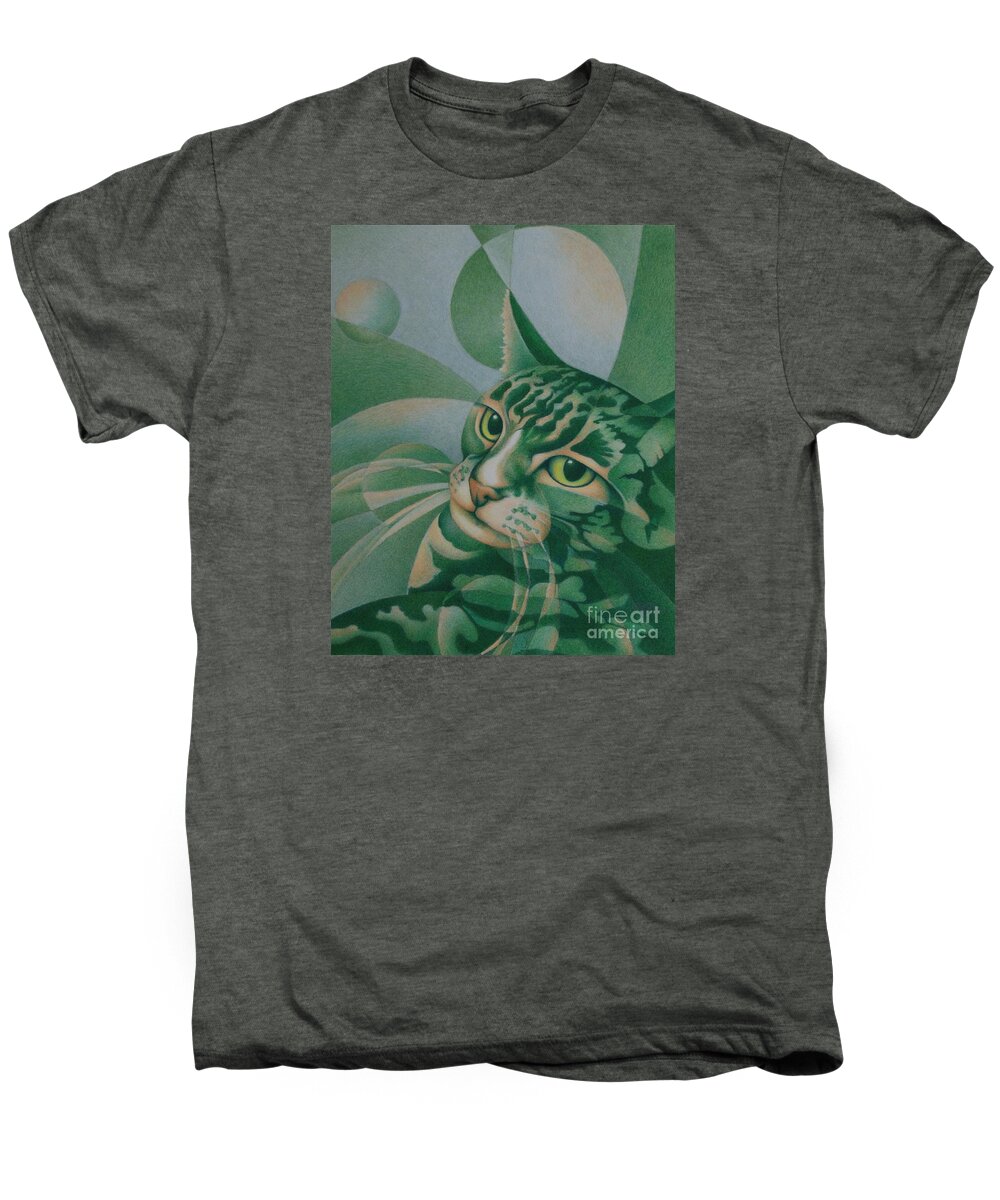 Cat Men's Premium T-Shirt featuring the painting Green Feline Geometry by Pamela Clements