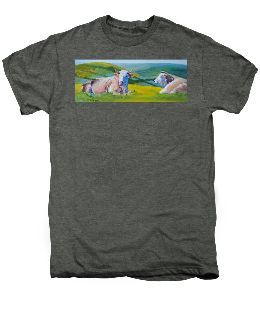 Cows Men's Premium T-Shirt featuring the painting Cows Lying Down in Devon Hills by Mike Jory