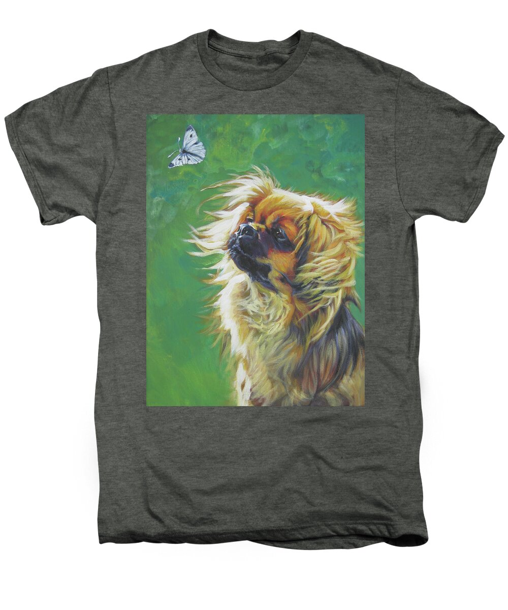 Tibetan Spaniel Men's Premium T-Shirt featuring the painting Tibetan Spaniel and cabbage white butterfly by Lee Ann Shepard