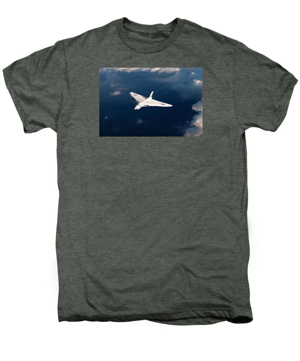 Avro Vulcan Men's Premium T-Shirt featuring the digital art White Vulcan B1 at altitude by Gary Eason