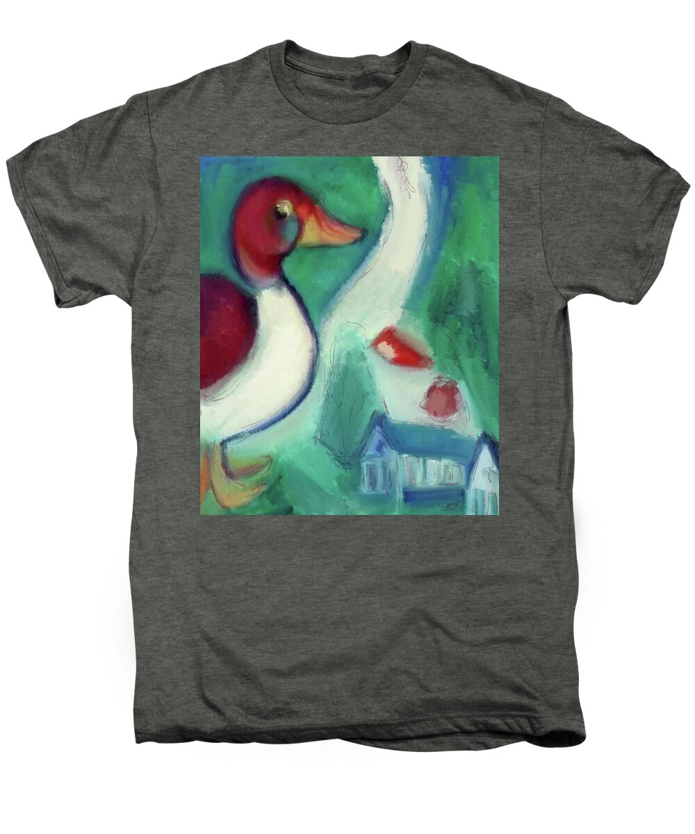 Chagall Men's Premium T-Shirt featuring the painting Large Duck ala Chagall with small village church mallard forest cabin ghost bella impressionist food by MendyZ