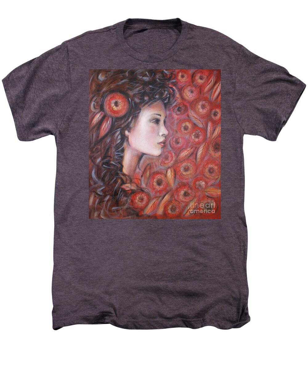 Woman Men's Premium T-Shirt featuring the painting Asian Dream In Red Flowers 010809 #1 by Selena Boron