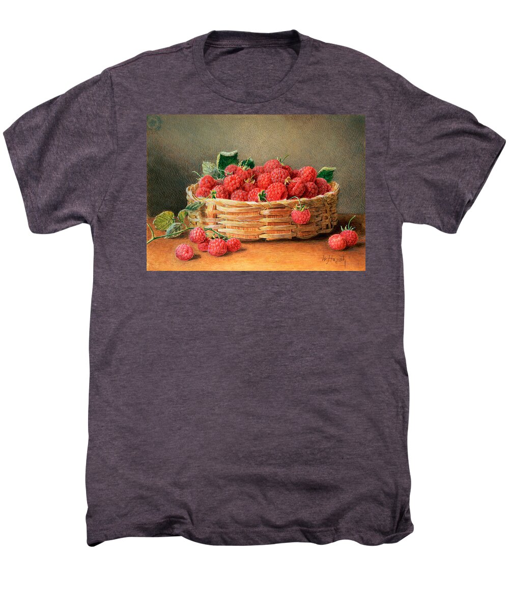 Fruit Men's Premium T-Shirt featuring the painting A Still Life of Raspberries in a Wicker Basket by William B Hough