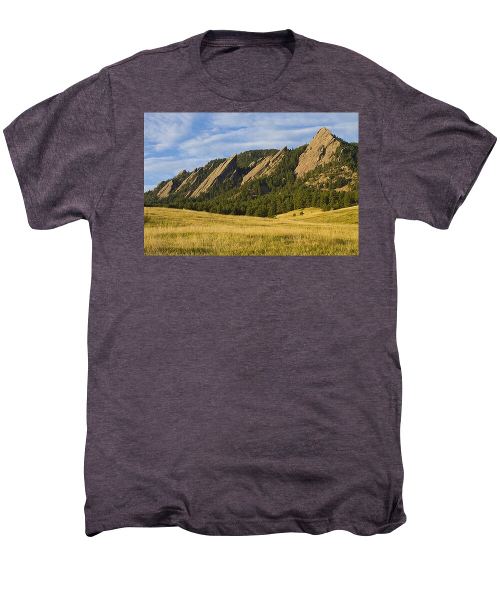 Boulder Photos Men's Premium T-Shirt featuring the photograph Flatiron Morning Light Boulder Colorado by James BO Insogna