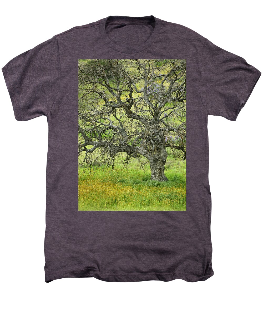 Wildflowers Men's Premium T-Shirt featuring the photograph Wildflowers Under Oak Tree - Spring in Central California by Ram Vasudev
