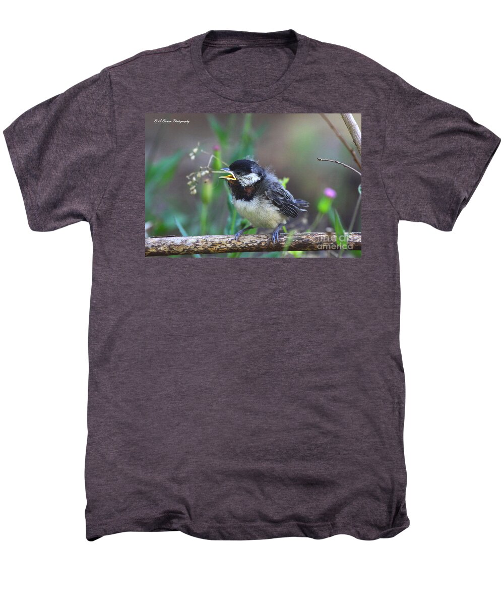 Carolina Chickadee Fledgling Men's Premium T-Shirt featuring the photograph Hello World #1 by Barbara Bowen