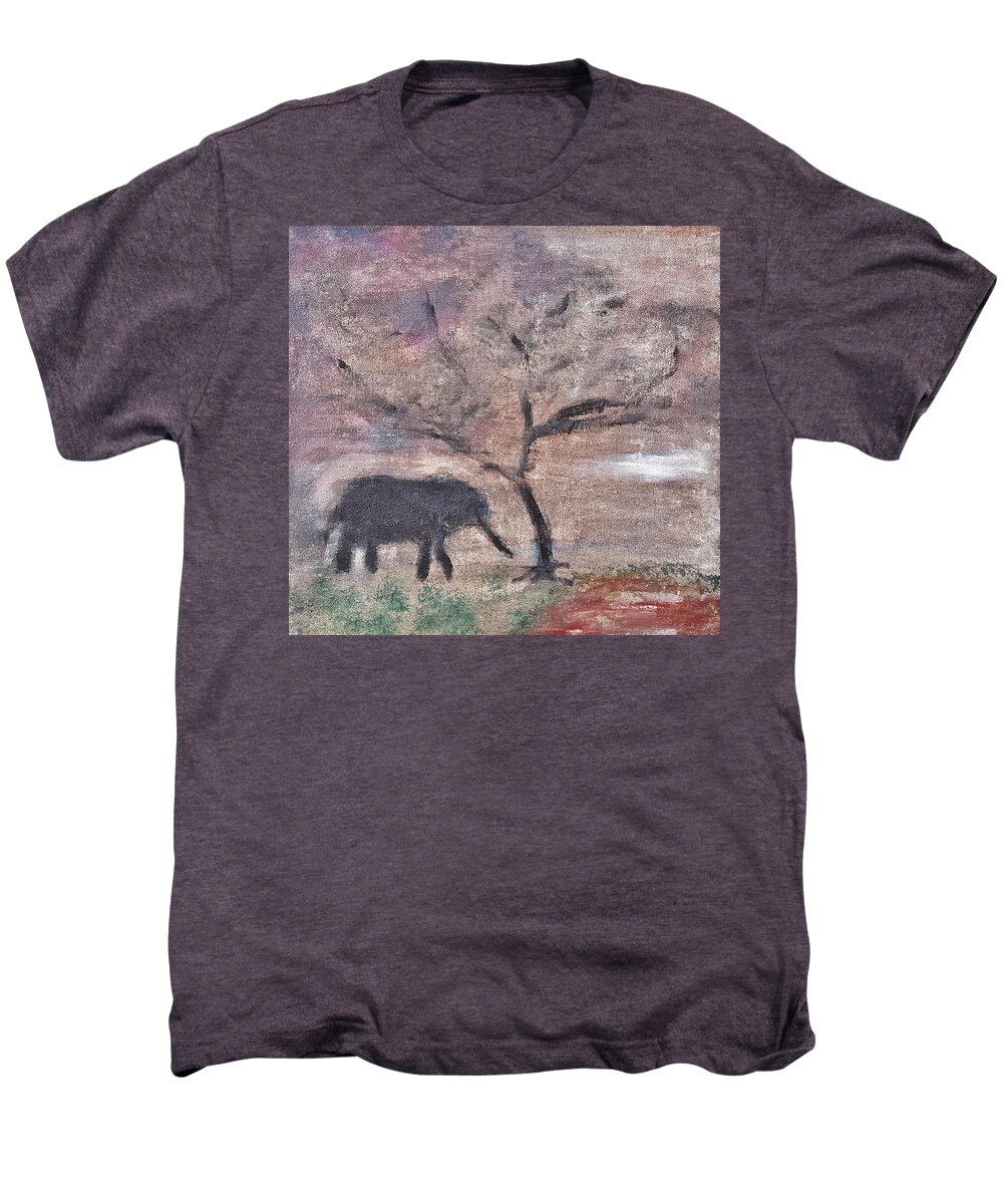 African Landscape Men's Premium T-Shirt featuring the painting African Landscape baby elephant and banya tree at watering hole with mountain and sunset grasses shr by MendyZ