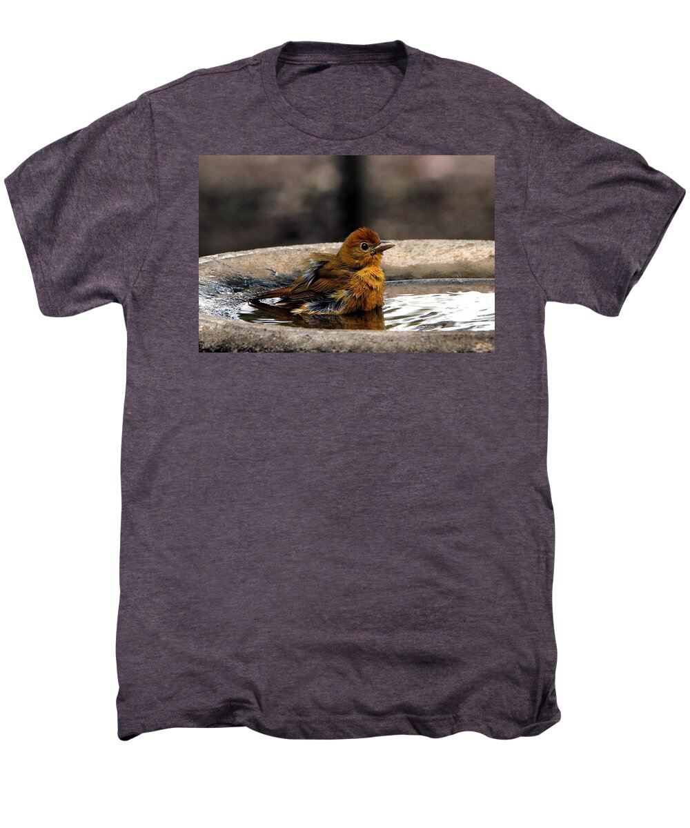 Nature Men's Premium T-Shirt featuring the photograph Female Summer Tanager in Bird Bath by Sheila Brown